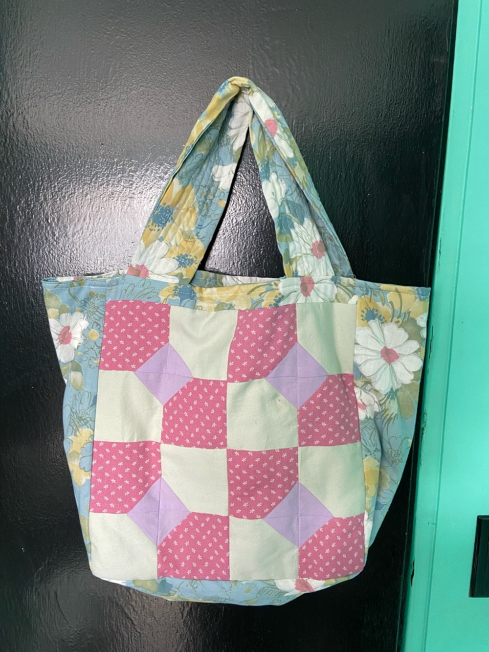 Handmade Patchwork Floral Tote Bag in Mint, Pink & Lavender - Picture 2 of 3